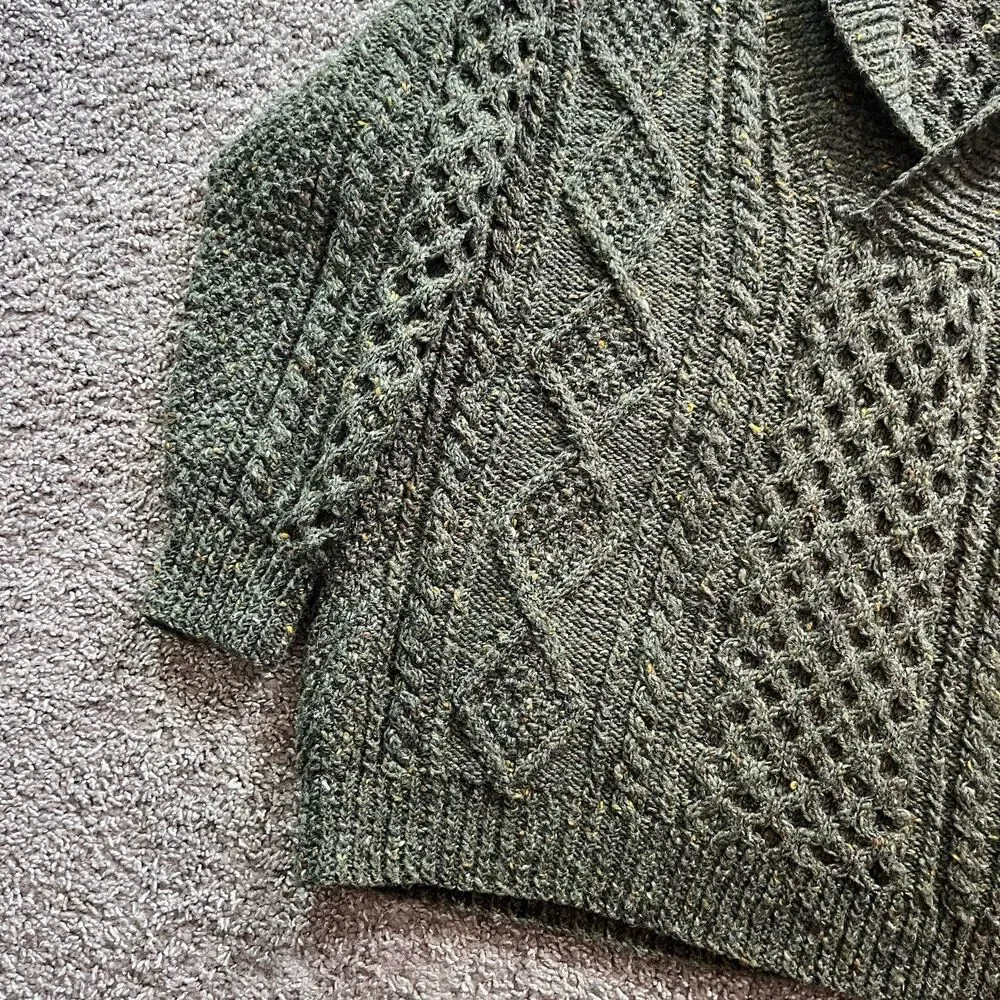 VTG Aran Islands Irish Wool Sweater Green Chunky Fisherman Cable Knit Shawl Sz L